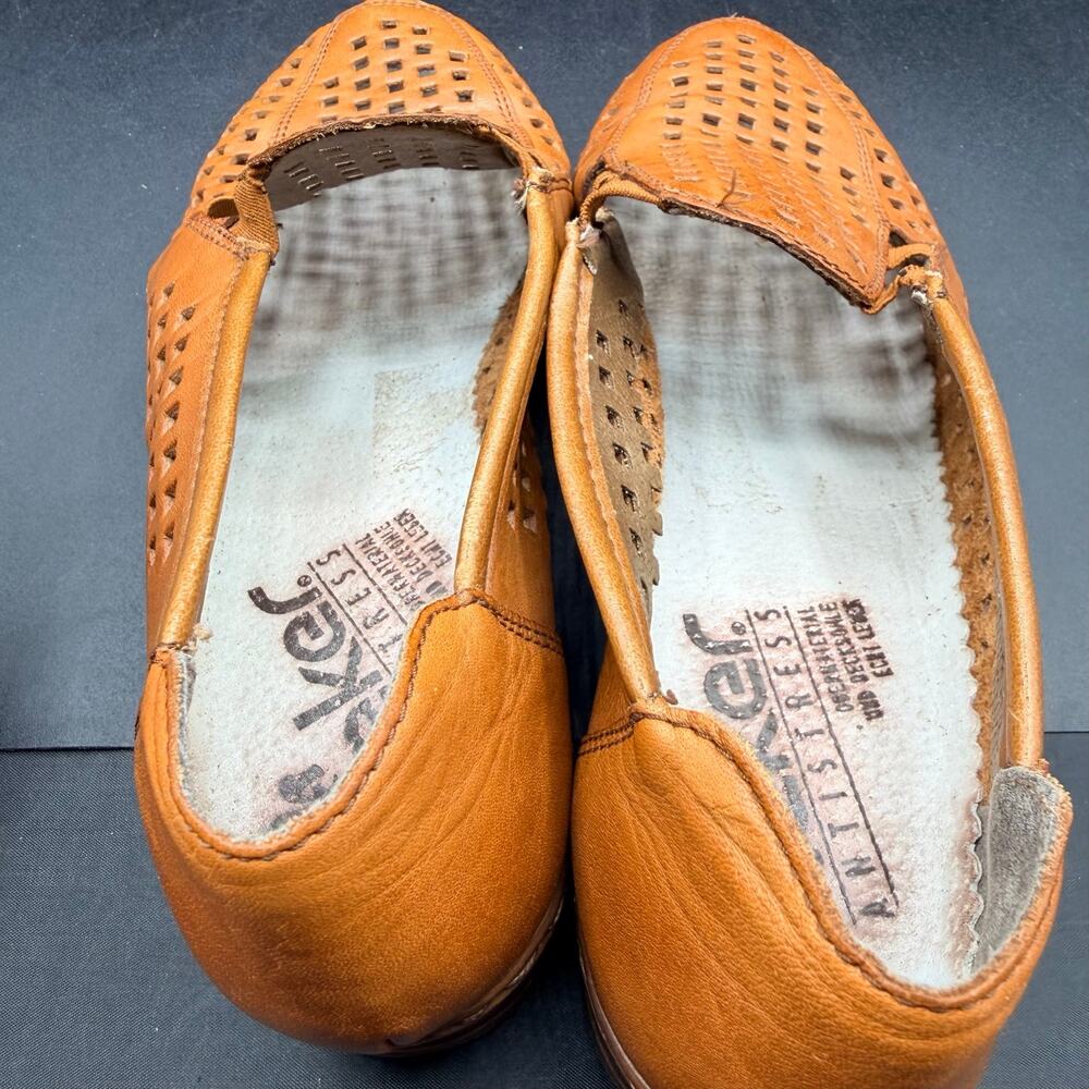 Rieker Leather Cutout Loafers Block Heel Cognac Brown Women’s 6.5 - Picture 13 of 13